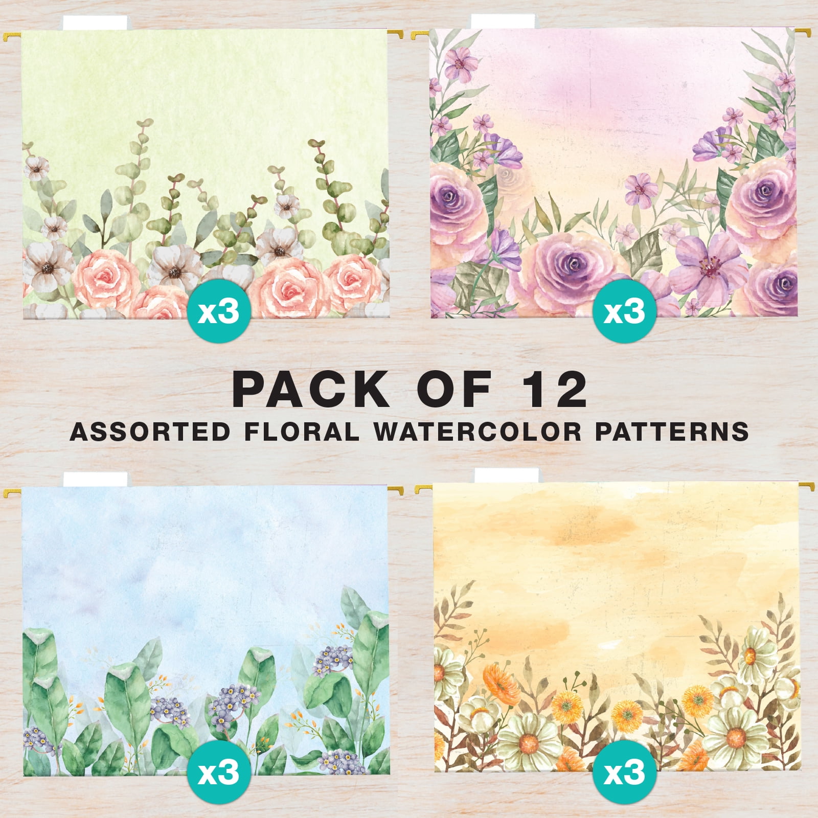 12 Pack Hanging File Folders - Watercolor Floral