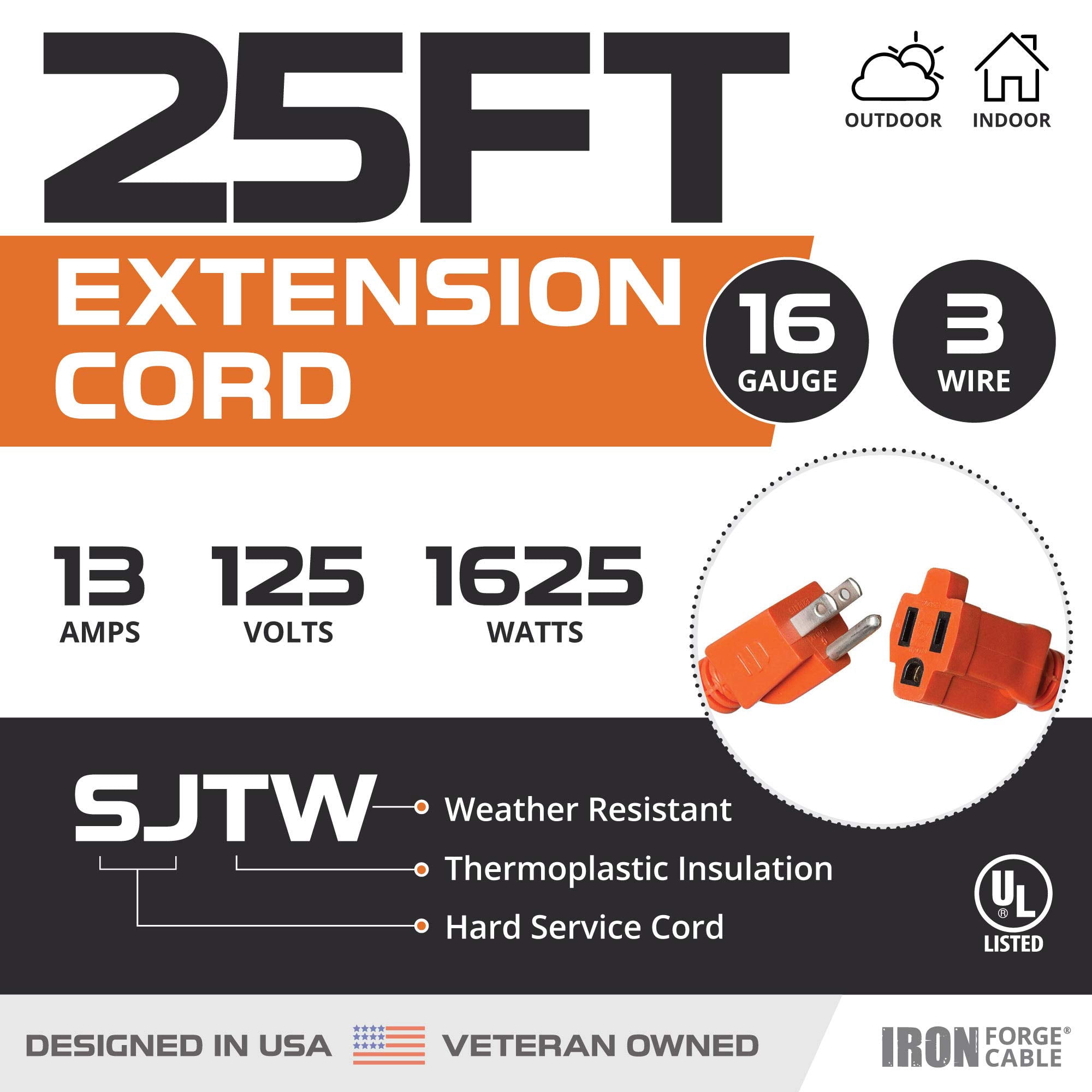 Iron Forge Cable Weatherproof 25 Ft Outdoor Extension Cord - 16/3 SJTW 13 Amp Heavy Duty Highly Visible Orange Extension Cord 3 Prong - Lighted End