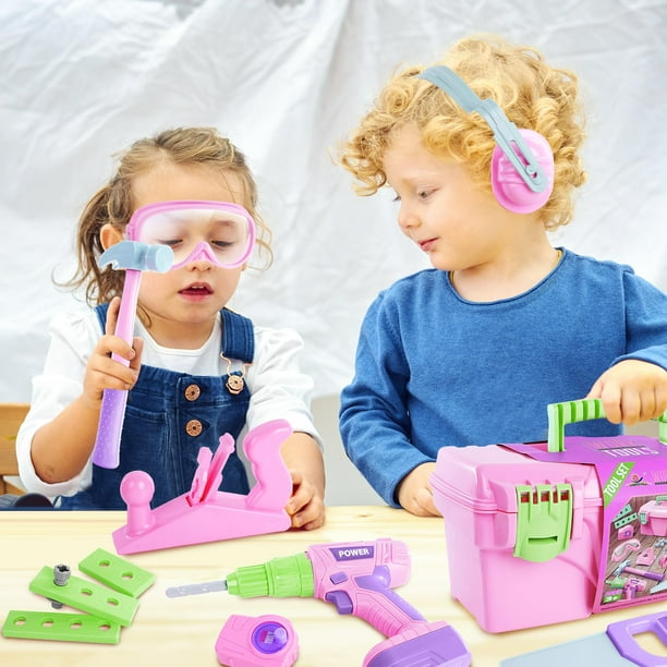 Kids Tool Set Girls Tool Set Pretend Play Construction Toy Tool with Tool Box Toddler Tool Set with Electric Toy Drill for Toddler Boy Girl Kid Child Tool Toy Pink Ages 3