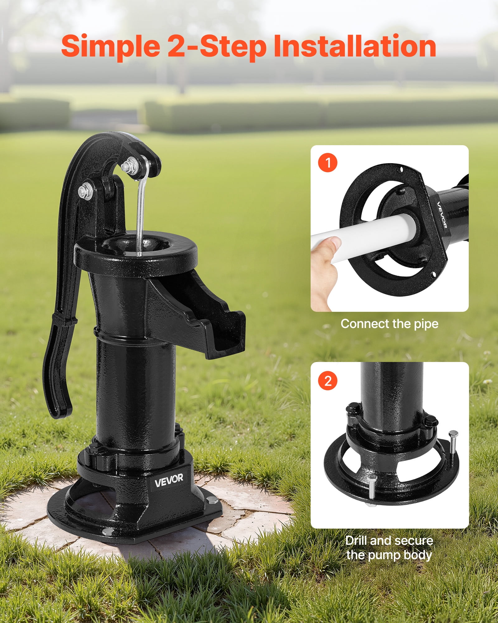 VEVOR Well Hand Pitcher Pump, 25 ft Maximum Lift, Antique Cast Iron Manual Hand Water Pump, NPT 1-1/4 in Connection, Easy Installation, Old Fashioned for Outdoor Garden, Pond, Backyard, Farm, Black