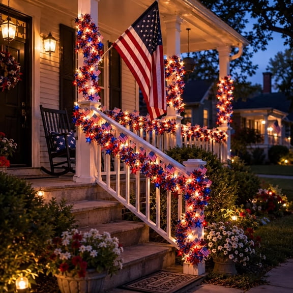 American Flag Star Fairy Lights Battery Operated, Patriotic Red White Blue Tinsel Garland with Warm White LED for 4th July Memorial Day Decor(3m)