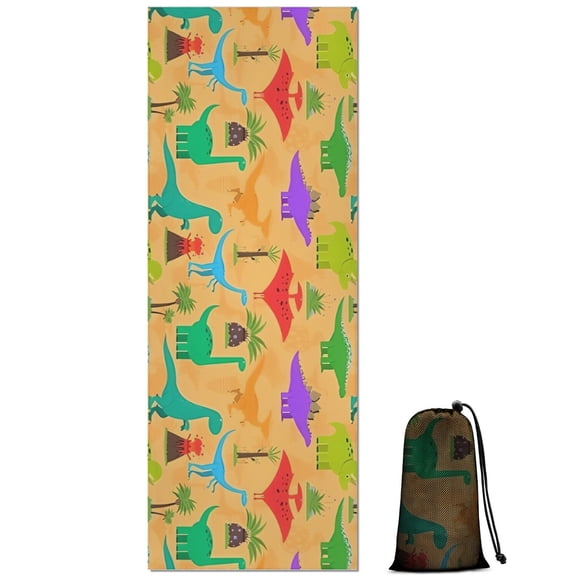 Colorful Cartoon Dinosaurs Volcanoes Pattern Hot Yoga Mat Towel Non Slip for Hot Yoga - Quick-Drying Yoga Mat Cover with 4 Corner Pockets with Travel Bag - Hot Yoga Towel Non Slip 70"x26"