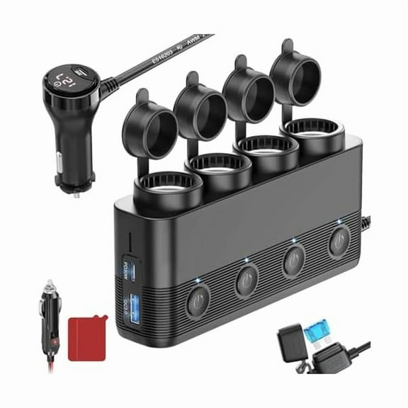 Cigarette Lighter Splitter Car Charger, 300W 4 Socket Car Plug in Outlet 12V Adapter with Dual PD 36W and QC3.0 USB C Multi Port & Independent Switch & Dust Cover & Voltmeter for All Car Devices