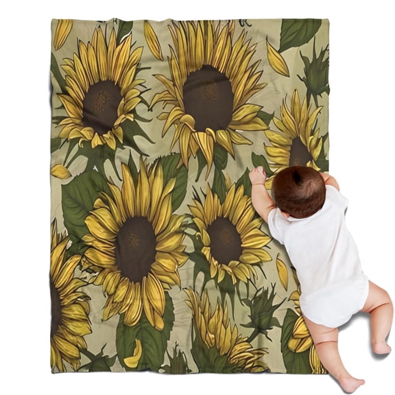 Yellow Green Leaf Sunflower Pattern Blanket,Comfortable Soft Flannel Throw Blanket,All Season,Warm Lightweight Blankets for Sofa Bed Couch Living Room Chair,30"x40"
