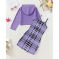 thumbnail image 3 of Kucnuzki 7 Years Big Girls Outfit Set 8 Years Girl Youth Kid Child Winter Clothes Sets Long Sleeves Letter Pullover Hoodie Sweatshirt Hooded Slim Plaid Dress Skirt Sets 2PCS Warm Clothing Purple, 3 of 8