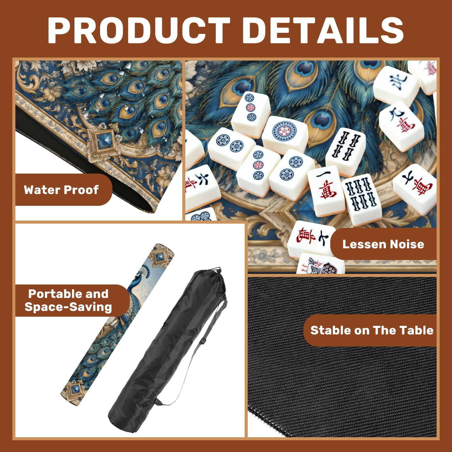 Mahjong Mat 31.5" x 31.5" Peacock Blue Teal Intricate Decorative Framing Non-Slip Noise Reduction Mahjong Tiles Table Cover for Dominoes Poker Card Board and Tile Games