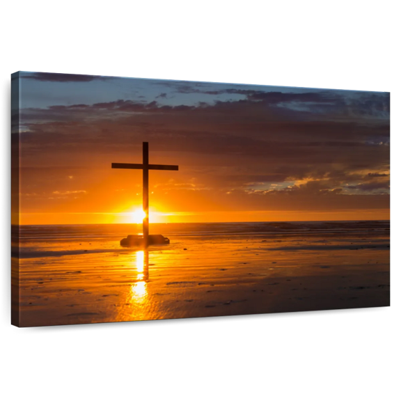 Elephant Stock Cross Sunset Wall Art - Horizontal Canvas Wall Art - Living Room Wall Decor - Religion And Spirituality Canvas - Blue And Orange Decor - 12" x 8"