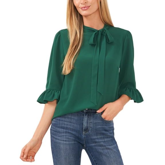 Women's Ruffled Elbow-Sleeve Tie-Neck Blouse Alpine Green M