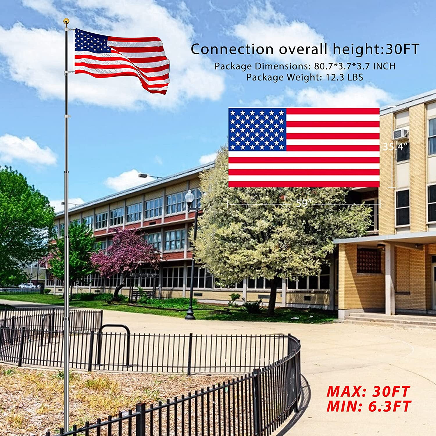 Klvied 20FT Telescopic Flag Pole Tangle Free Flagpole Kit Fly 2 Flags Residential Heavy Duty Extra Thick Aluminum Flag Pole with 3x5 America Flag Golden Ball Top for Commercial Outdoor Use 