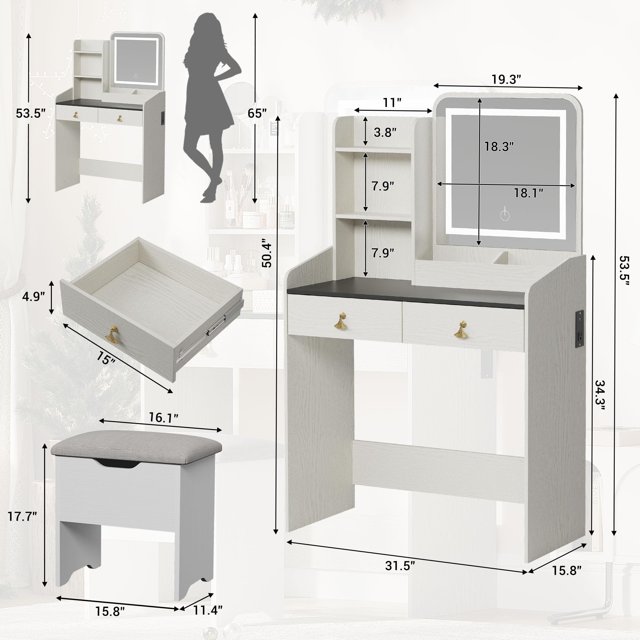 EDTara Vanity Desk, Makeup Vanity Table with 3 Lighting Color Adjustable Mirror and Charging Station, Dressing Table Set with 2 Large Drawers, 4 Open Shelves and Storage Stool for Bedroom