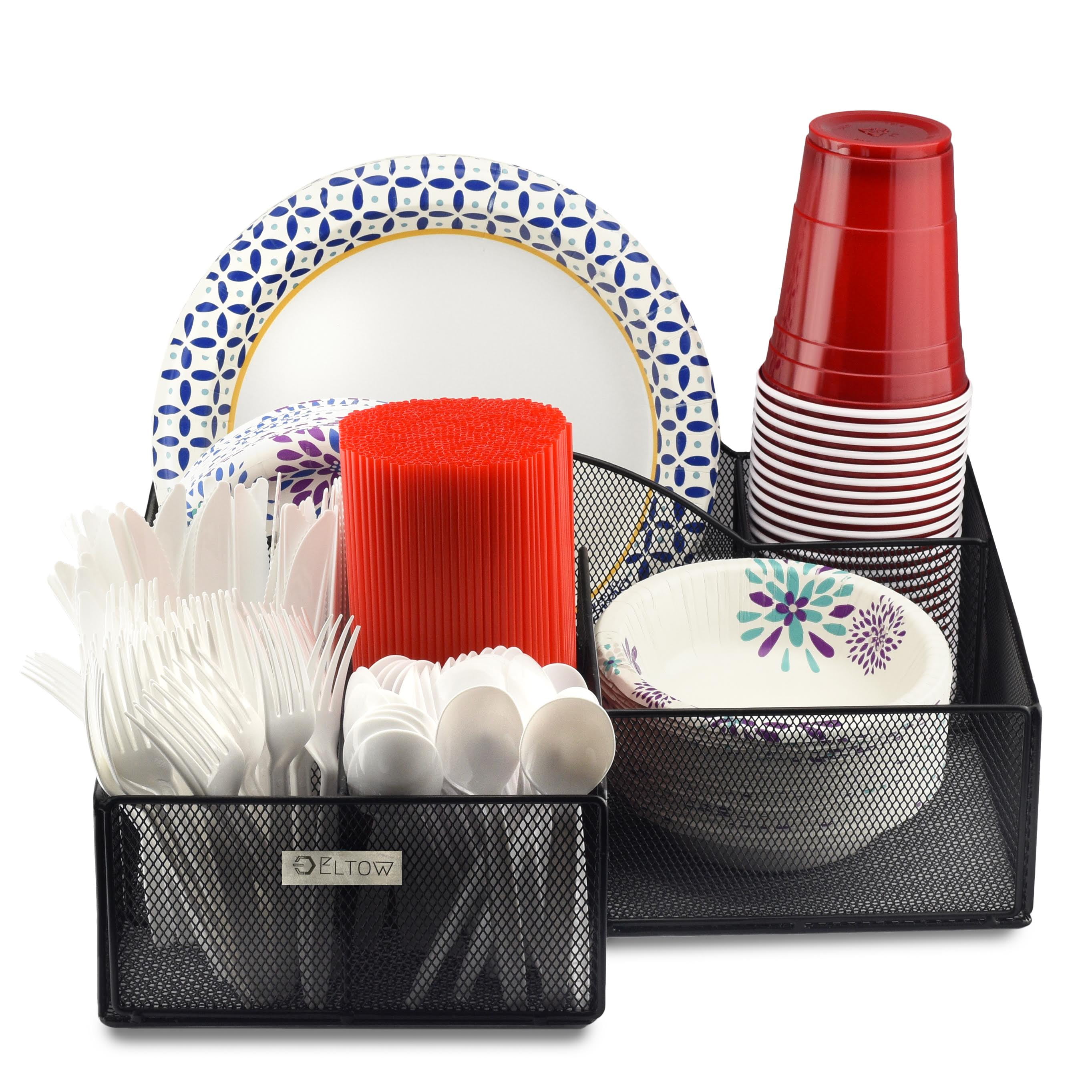 Eltow Large Black Organizer Plates, Cups, Napkins, and Cutlery Caddy
