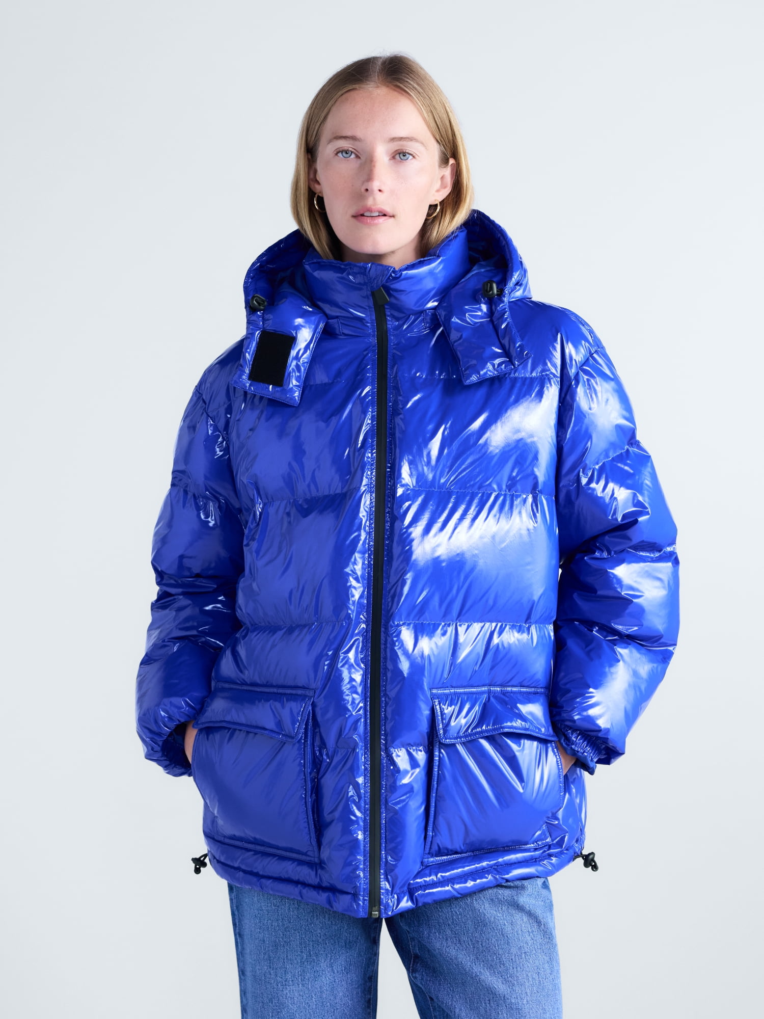 Free Assembly Women's High Gloss Puffer Parka Jacket with Hood, Sizes XXS-XXL