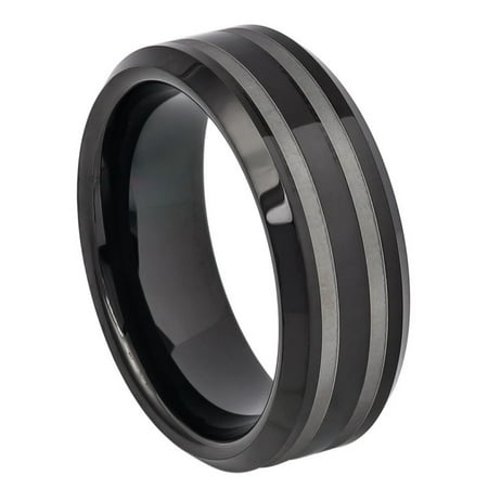 - 8mm Tungsten Carbide Wedding Band Ring For Men Or Ladies Black IP Plated With Double Laser Etched Line