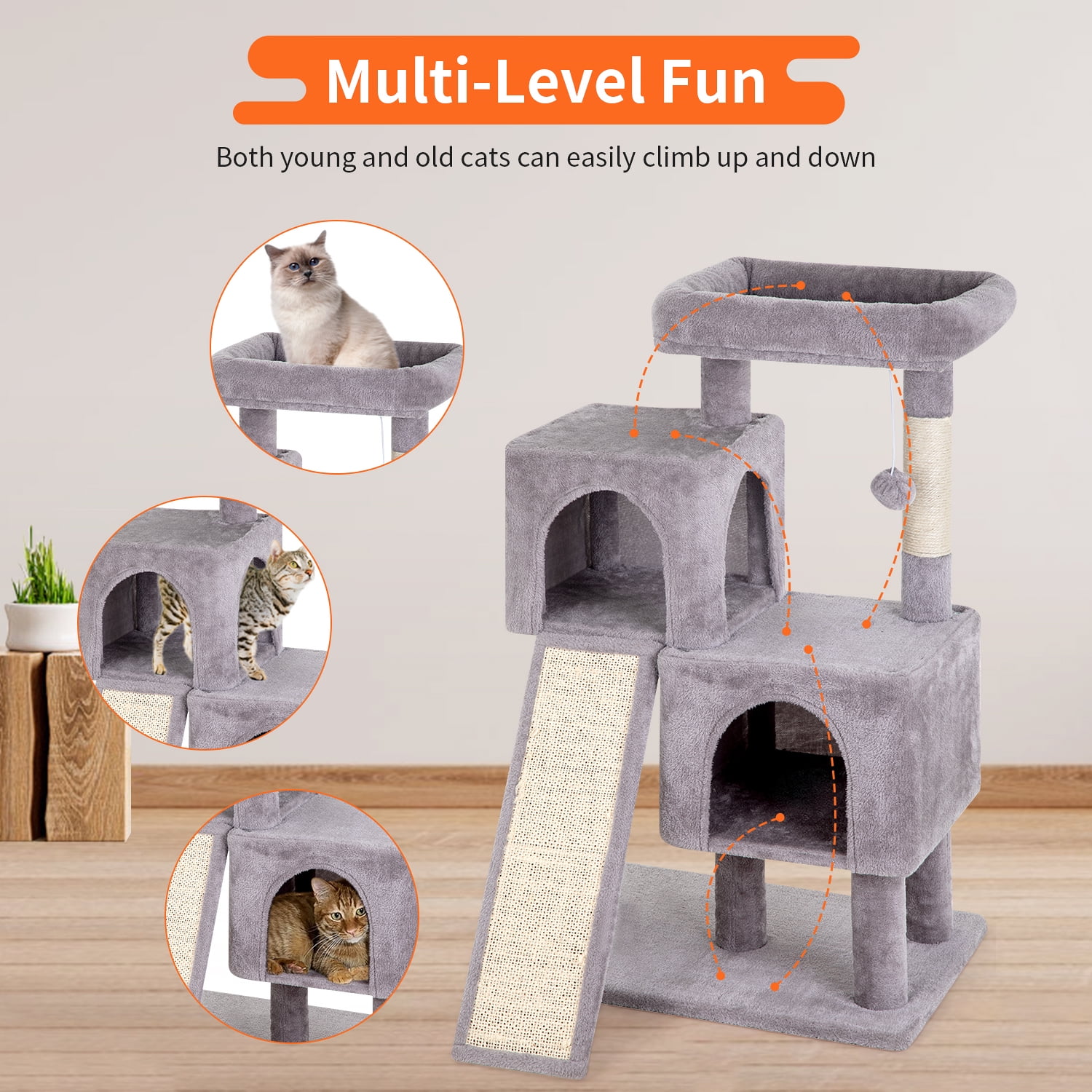 YRLLENSDAN 36 inches Cat Tree for Indoor Cats Cat Tower with Scratching Posts Multi-Level Cat Furniture Condo with Ramp, Perch Spacious Cat Cave & Funny Toys for Kittens House (Ashy)