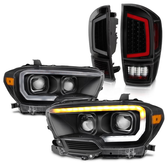 AKKON - For 2016-2023 Tacoma SR/SR5 Dual Square Projector LED DRL Black Headlights   Smoked LED Tube Tail Brake Lamps