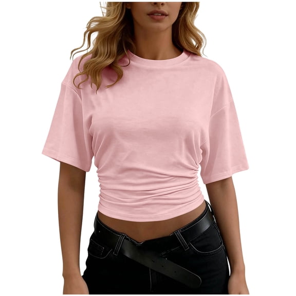 aohooy Women's Short Sleeve Ruched Cinched Waist Crop Top Summer Crew Neck Going Out Tops Fitted Half Sleeve Y2K Tee Shirts 2026 Beige,M