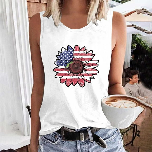 CFLVAEK 4th of July Tank Top for Women Fashion Sunflower American Flag Graphic Shirts Plus Size Sleeveless Crewneck Tank Tops Independence Day Going Out Tank Tops M