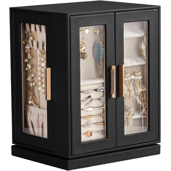 360° Rotating Jewelry Box Organizer with 5 Drawers, Large Vertical Jewelry Storage Case with Transparent Panels, Ring Necklace Earring Holder, Space-Saving Display for Vanity Bedroom Gift