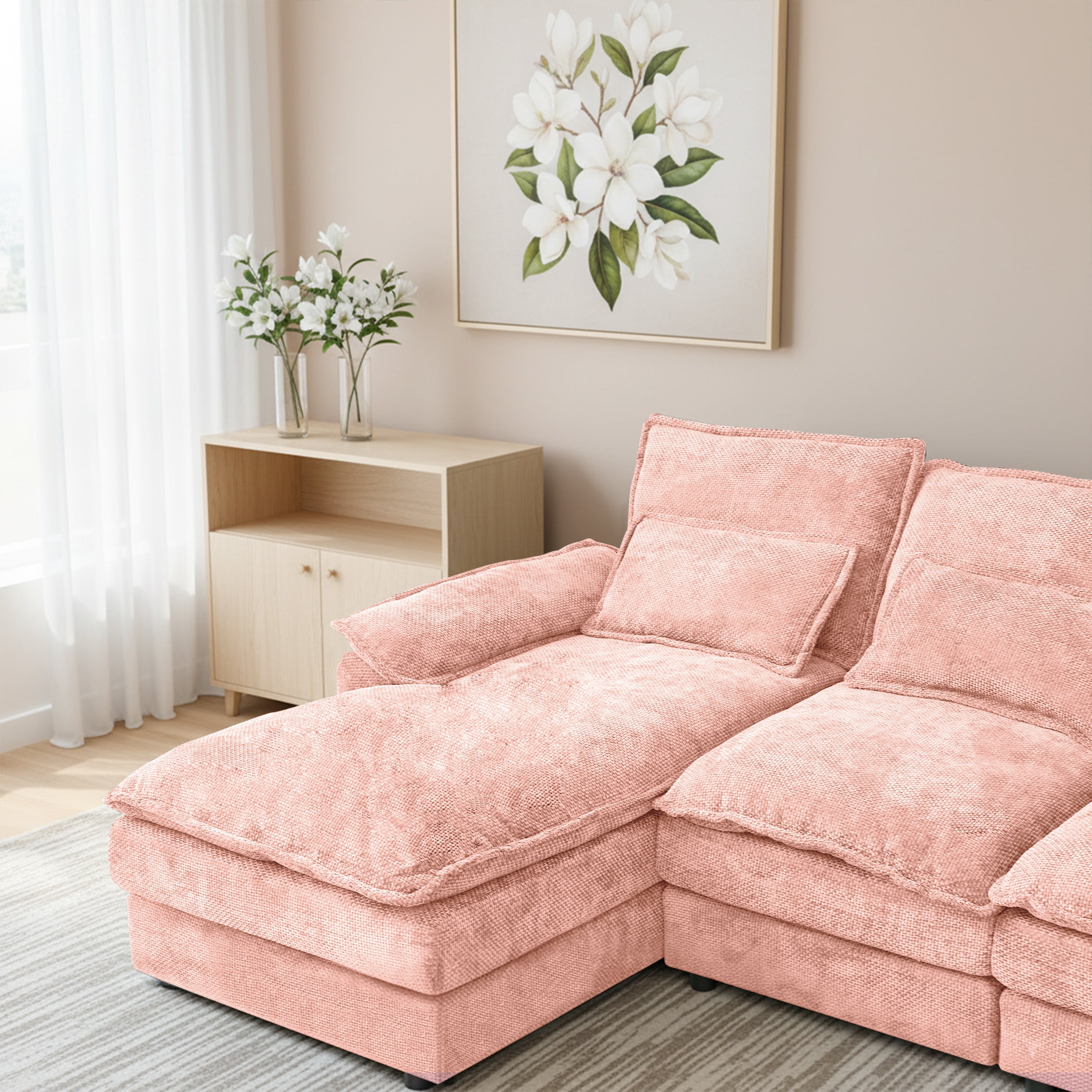 SEENYOO 110.24" U-Shaped Couch, Cloud Modular Sectional Sofa with Chenille Fabric, 4-Seat Comfy Couch for Living Room,Pink