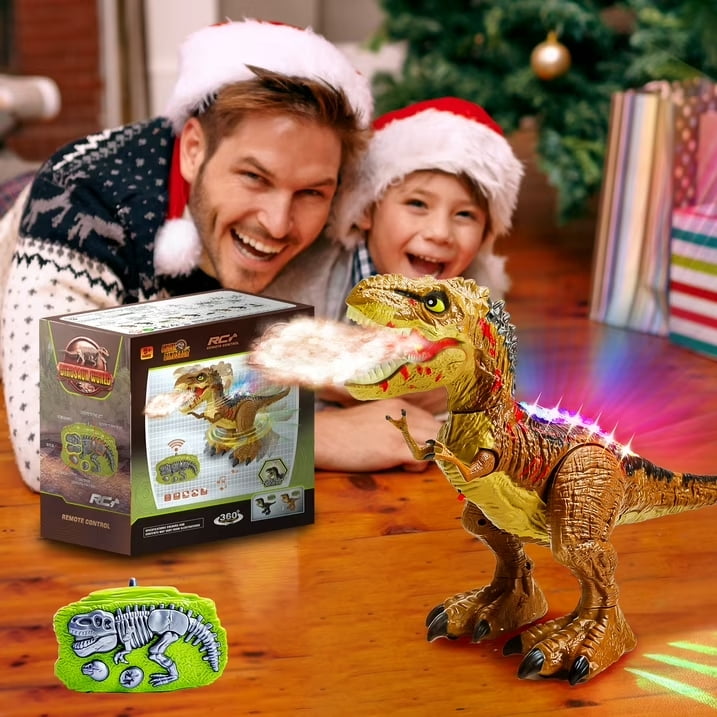 JoyStone Remote Control Dinosaur Toys for Kids, Electric Walking RC T-Rex, Realistic Tyrannosaurus Dino Robot with Roaring and LED Light for Boys and Girls Age 3+, Brown