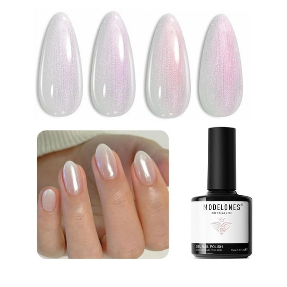 modelones Pearl Gel Nail Polish, 15 ML Glitter Pearl Shine White Gel Polish Iridescent Shimmer Mermaid Nail Drawing Gel Polish Soak Off Led Pearlescent Nail Polish Swirl Shell Thread Effect DIY Gift