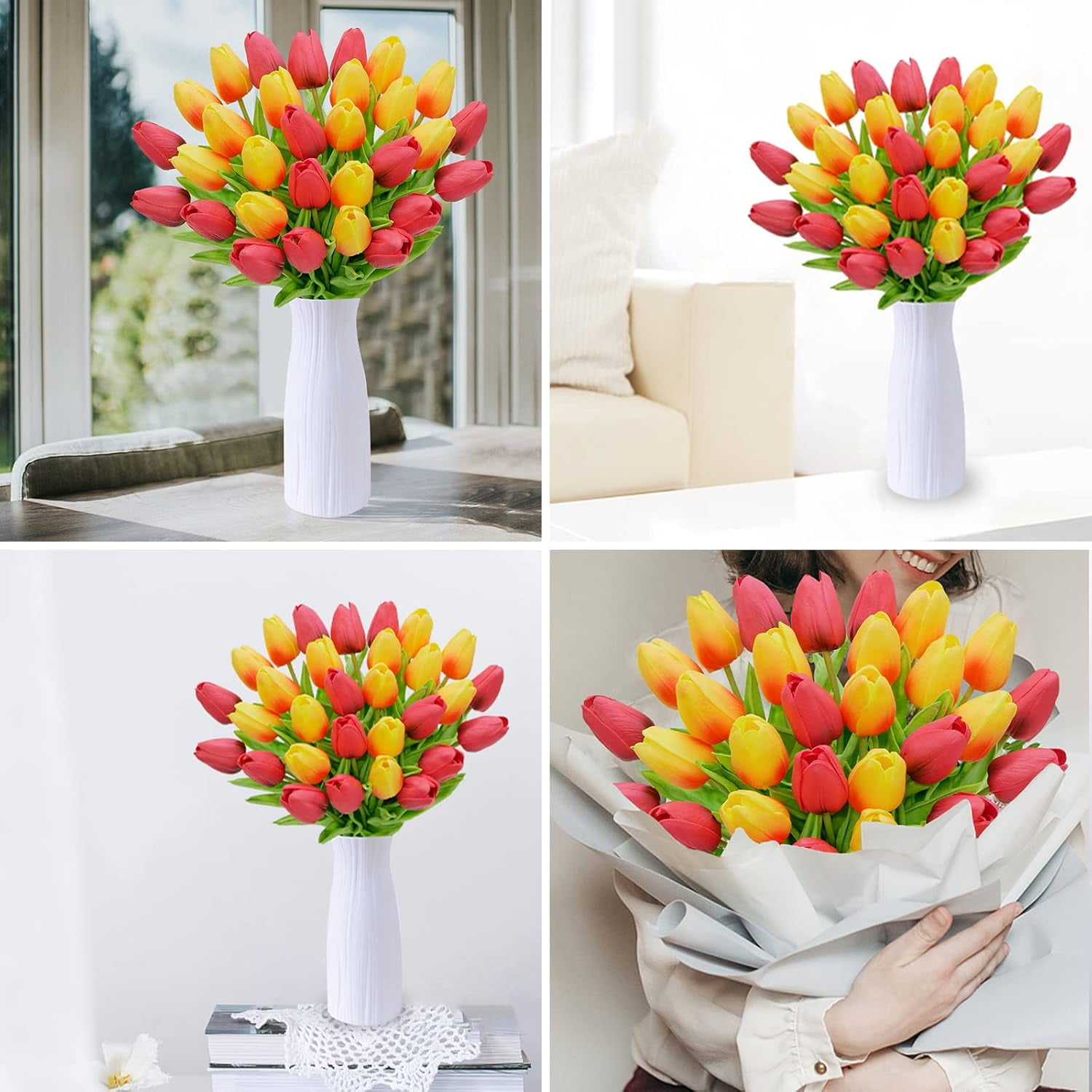 30Pcs Artificial Tulip Flowers Faux Tulip Stems PU Real Touch Tulips 13.7" for Spring Easter Vase Wedding Bouquets Floral Arrangements Wreath Table Centerpiece Indoor Outdoor Decoration (Orange, Red)