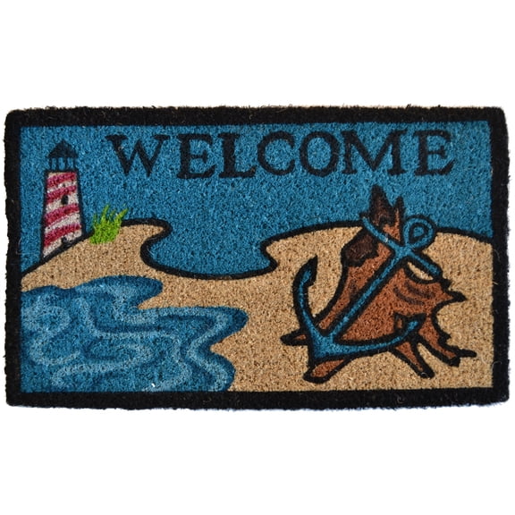 30" Blue and Brown Beach Lighthouse Design Decorative Hand Woven Doormat