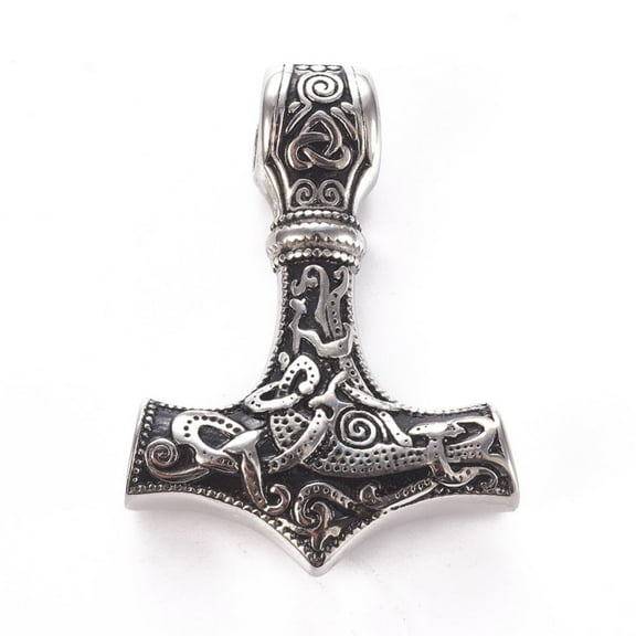 5pcs 304 Stainless Steel Pendants Thor's Hammer Antique Silver 43.5x31x9~10mm Hole: 7~7.5mm