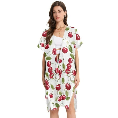 Beach Vacation Clothes Kimono Cardigan Loose Swimsuit Cover Up for Women Beautiful Cherry Fruits M