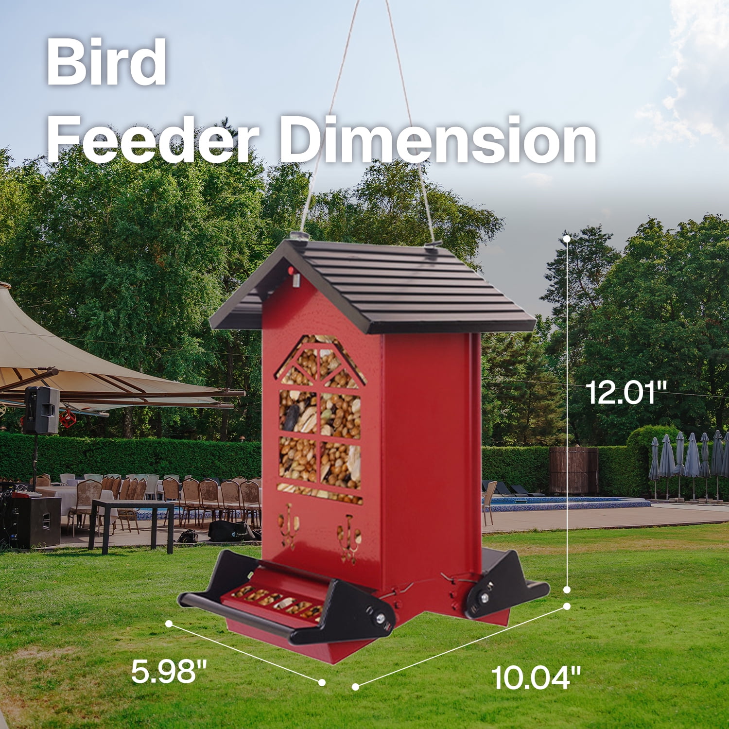 BN-LINK Bird Feeder Squirrel Proof,Hanging Bird Feeder with 2 Ports,Metal Wild Bird feeder for Outdoor Garden Yard Decor,Red