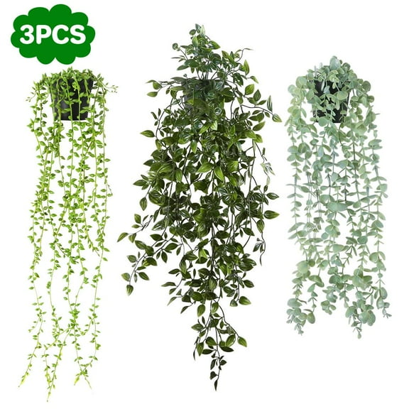 FGY Artificial Hanging Plants with Pots - Set of 3 Fake Potted Plants for Indoor and Outdoor Decoration