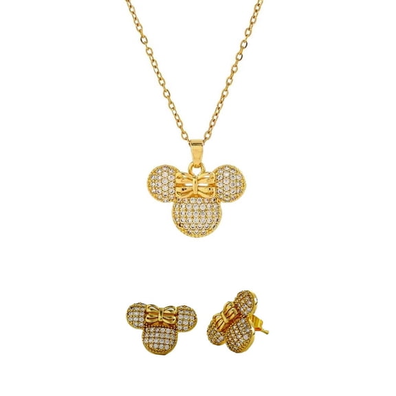 Minnie Mouse with Rhinestone and Hair Bow Goldtone Stud Earrings & Necklace Set