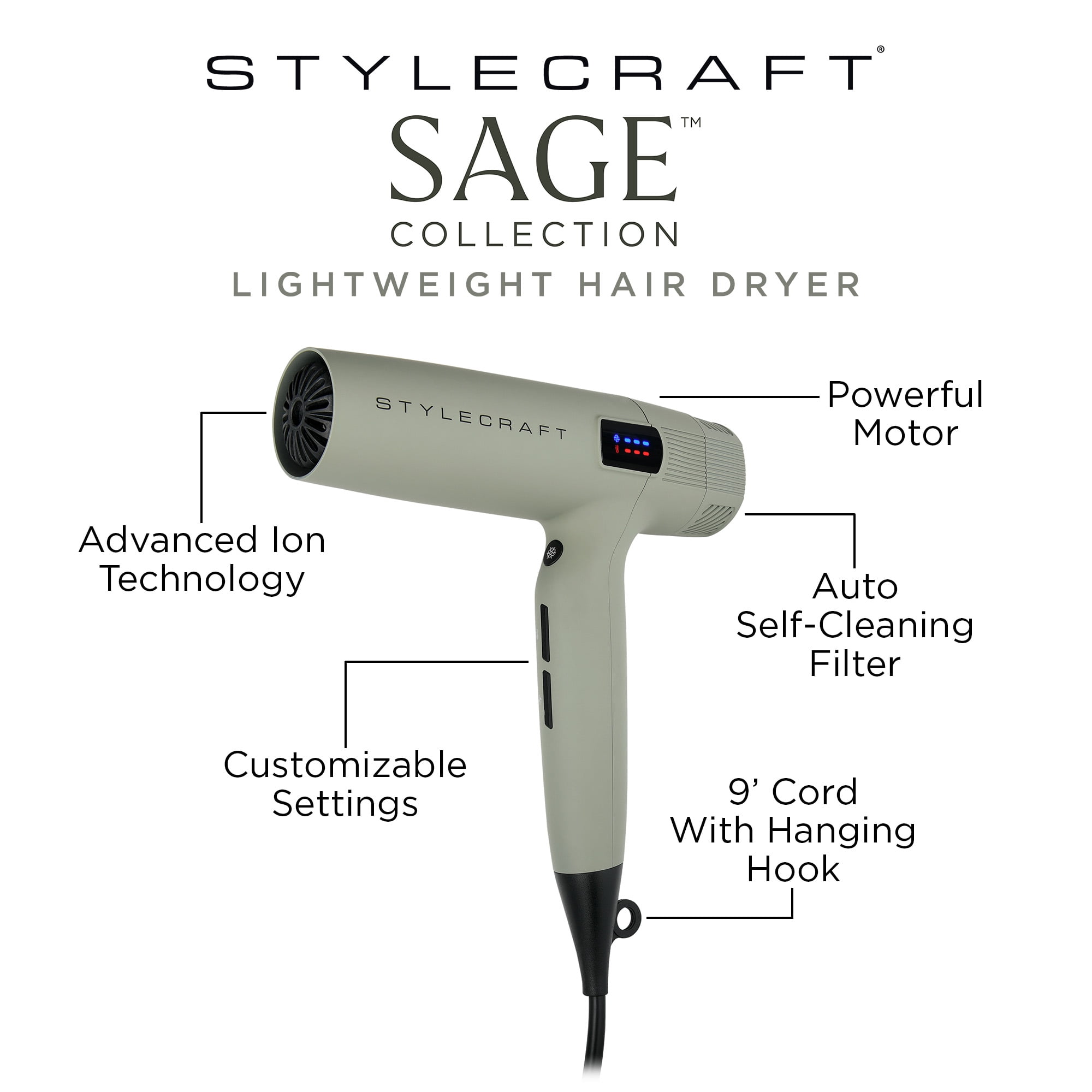 StyleCraft Sage Hair Dryer Professional Lightweight with 2 Concentrator Nozzles, 1 Diffuser