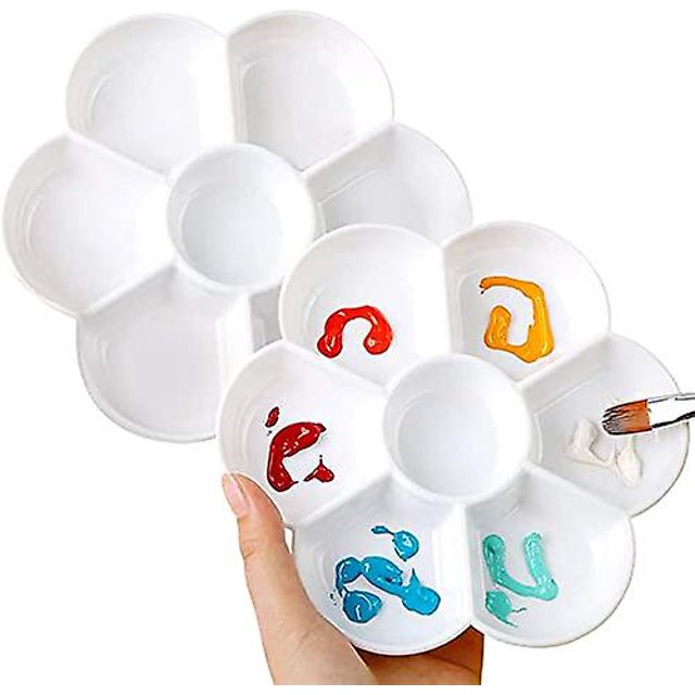 Paleta de plástico para mezclar con 7 recipientes de pintura para acuarelas y pinturas acrílicas, diámetro aprox. 17 Cm Blanco (pack De 2). Afortunado Sencillez
