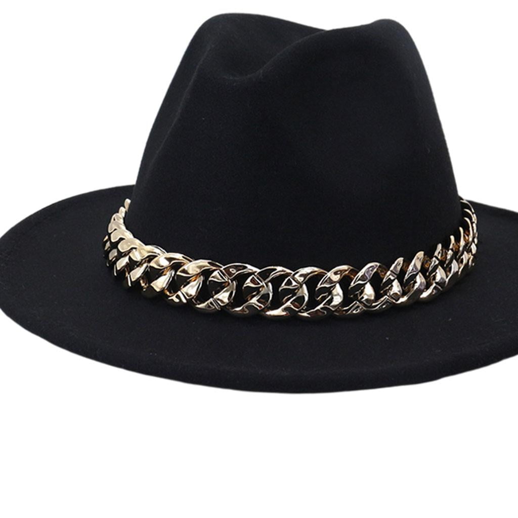 Wide Brim Dented Crown Chunky Cuban Chain Band Black Fedora Hat NEW Black Wide Brim Fedora Cuban Cubano Chain Jazz Wool Felt Hat  main image 3
