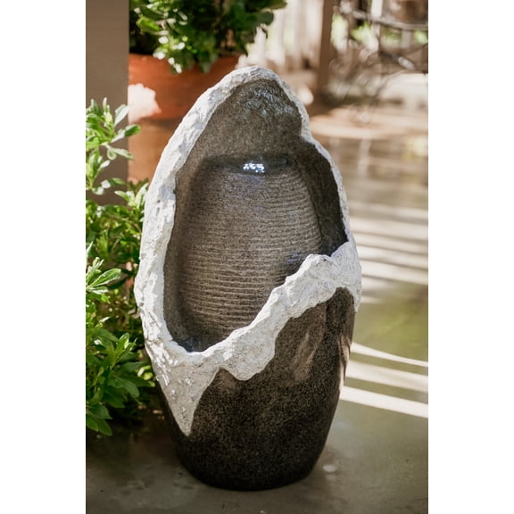 XBrand Round Broken Waterfall Fountain, Indoor Outdoor Décor, 27 Inch Tall, Grey