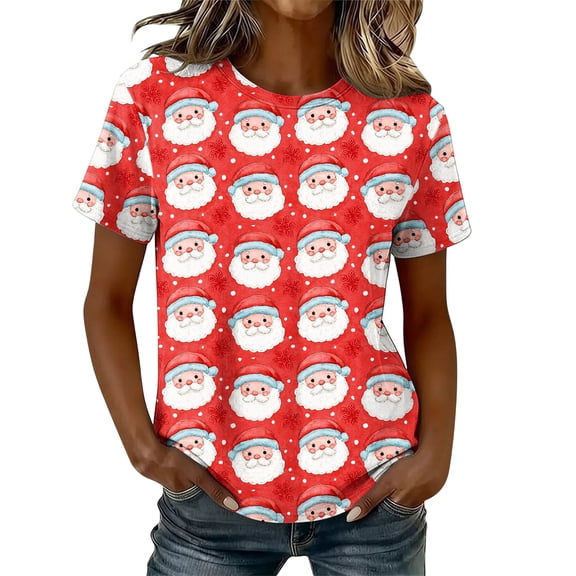CLOISE Womens Graphic T Shirts Plus Size Christmas Santa Claus Crew Neck Pullover Short Sleeve Tee Tops Slim Funny Holiday Photos Clothing S