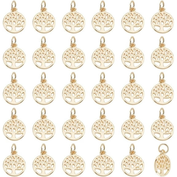1box 50pcs Tree of Life Charms Pendants Real 14K Gold Plated Tree Charms 10mm Jewelry Making Charm Metal Alloy Pendants Circle Pendants with Jump Ring for DIY Necklace Craft Making