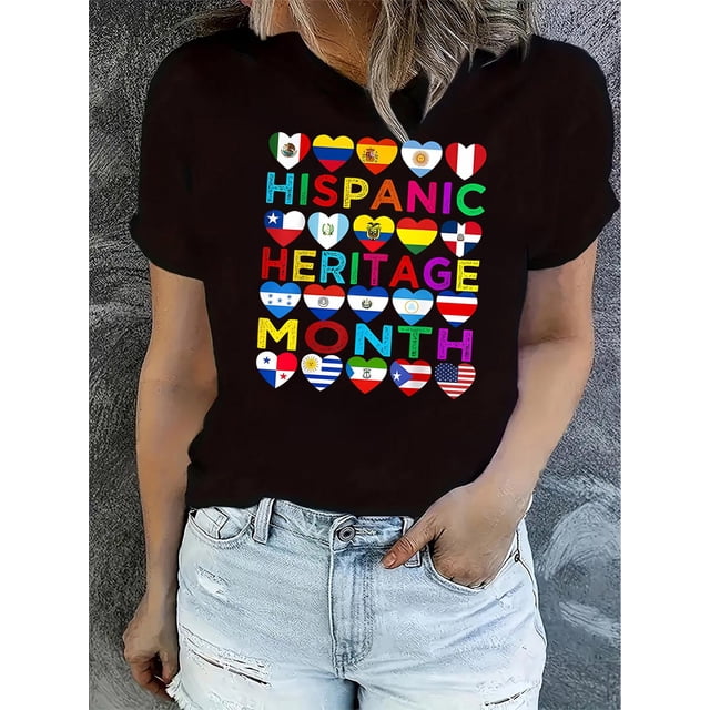 Camiseta de manga corta para mujer transpirable Moda de veranoWomen's Patriotic Heart Flag Print T-Shirt - Casual Crew Neck, Short Sleeve, Stretchy Polyester Blend, Machine Washable - Perfect for Su