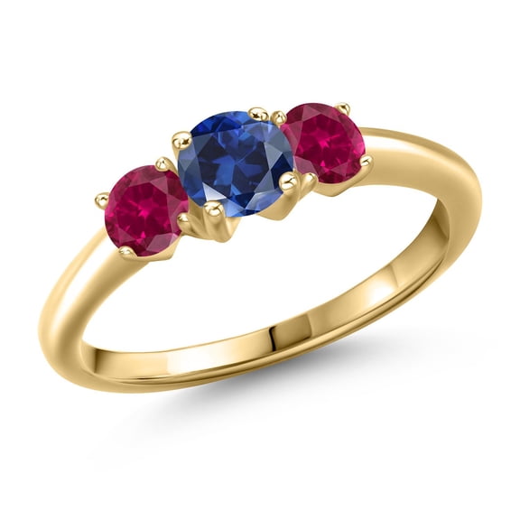 Gem Stone King 10K Yellow Gold Blue Created Sapphire and Red Created Ruby Engagement Ring for Women | 1.10 Cttw | Round 5MM | Gemstone September Birthstone | Size 7
