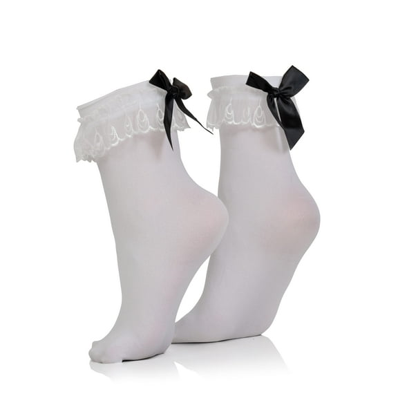 Skeleteen White Ruffled Anklet Socks - Frilly White Opaque Lace Ruffles Top Trim Bobby Sock With Black Satin Back Bow