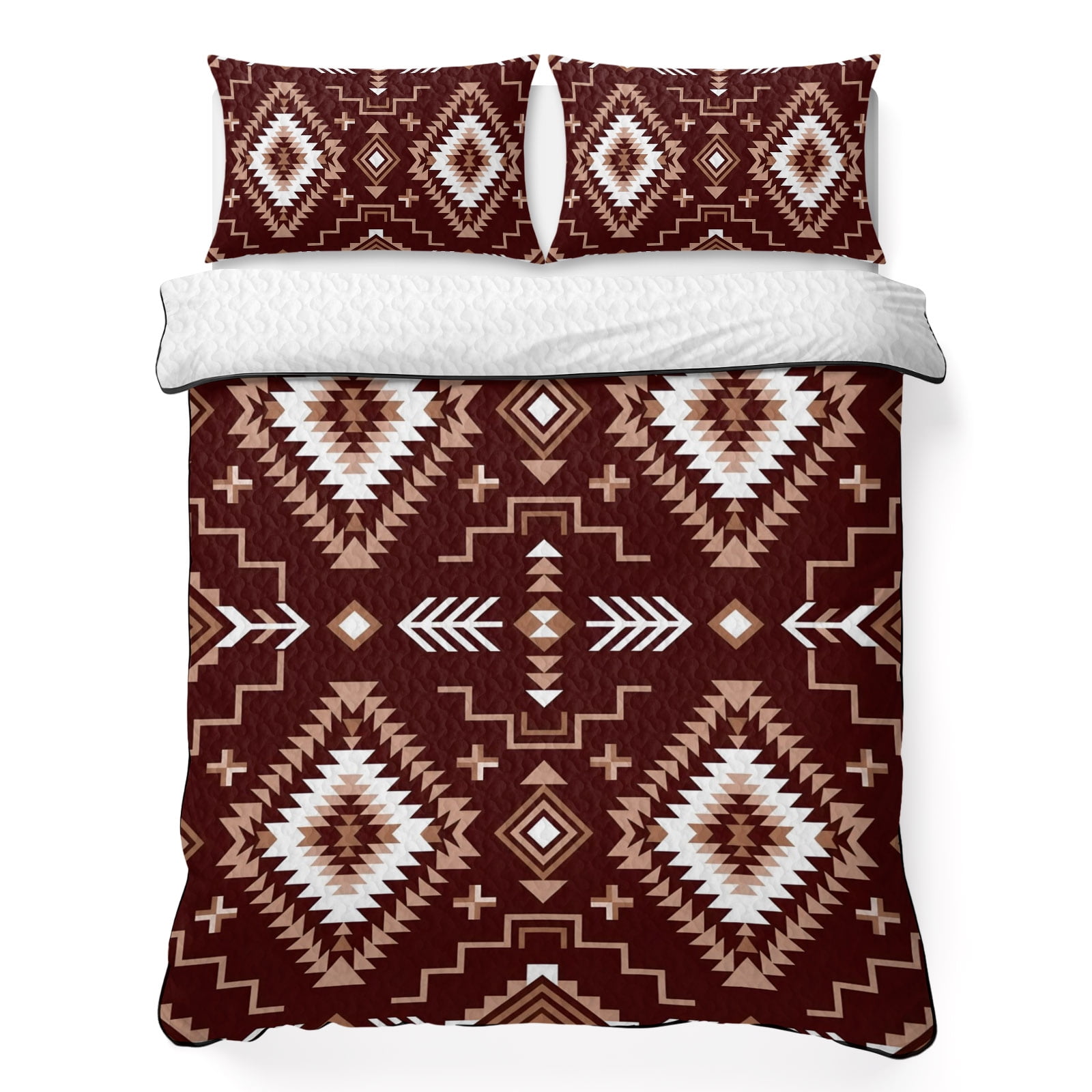 Quilts Twin Size Bedding Set Brown Southwestern Lightweight Quilted Comforter Boho Geometric Ethnic Tribe Soft Reversible Bedspread Coverlet with Pillow Covers for All Season 68 x 86