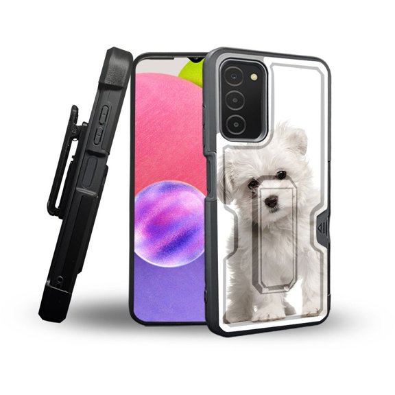 ANJ  Rugged Shockproof Holster Case Card Slot Kickstand   Tempered Glass Cover for Samsung Galaxy A03s - Maltese Puppy
