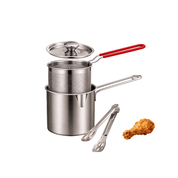 2026 Deep Fryer Pot Set 4 Pieces, Small Stainless Steel Fryer Deep Fryer Basket with Fry Basket Lid and Food Tongs for Home Kitchen French Fries Chicken
