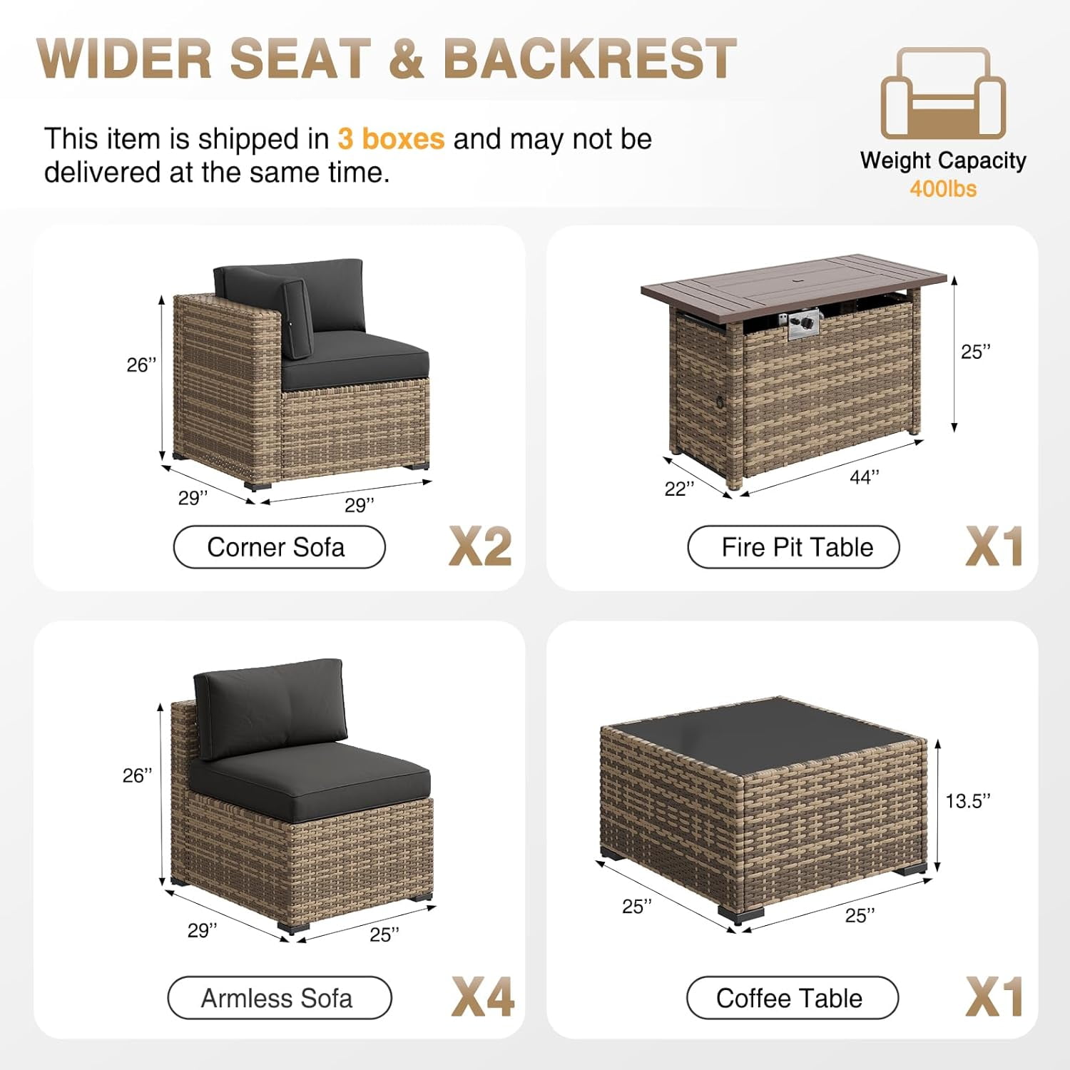 Aoxun 8 Piece Patio Furniture Set with 44” Fire Pit Table Wicker Rattan Outdoor Sectional Sofa Set with Coffee Table and 4” Thickened Cushions, Black (Waterproof Cover Included)