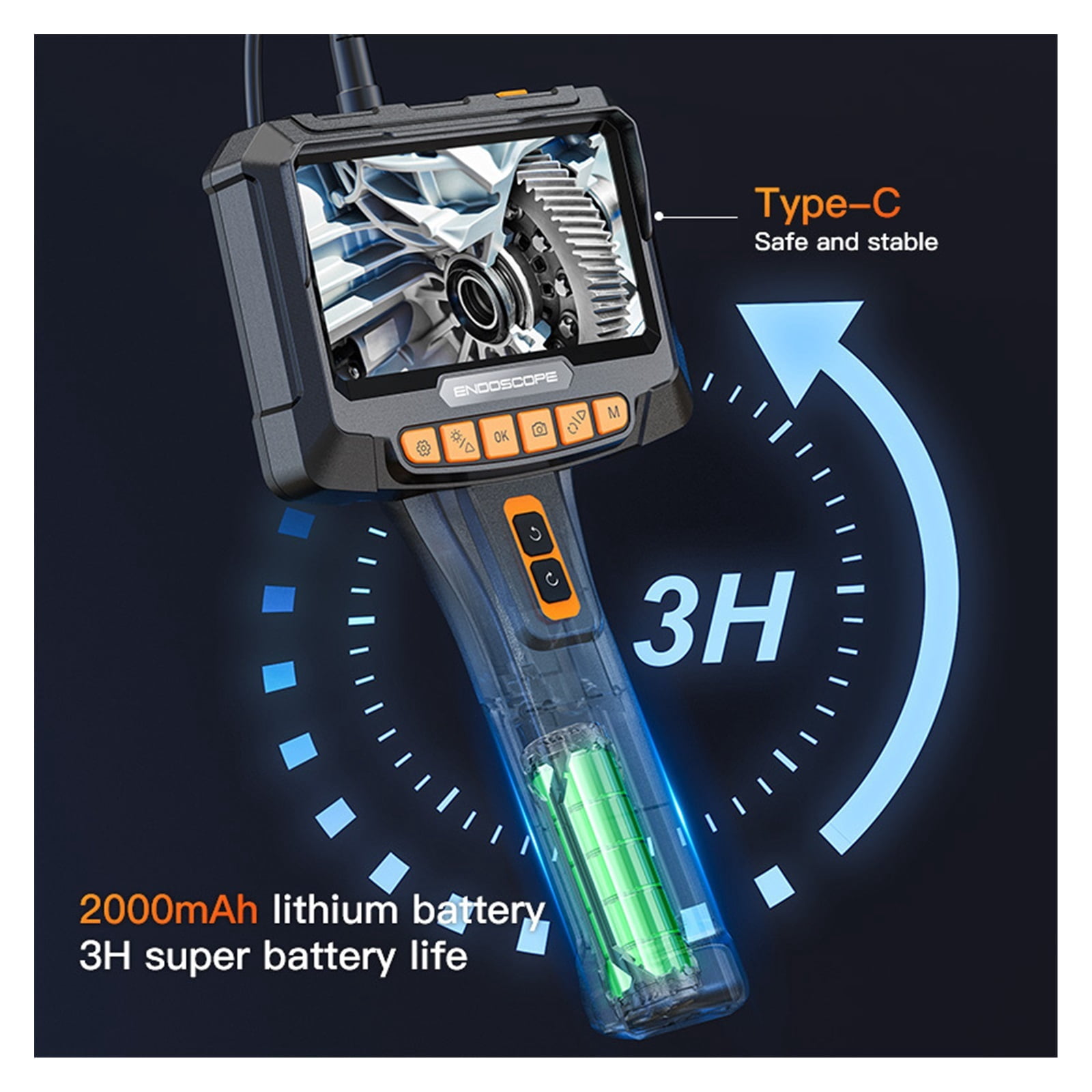 Industrial Endoscope 360° Auto Rotation Camera 360 Degree Steering Dual Lens 5'' Screen Inspection Borescope Rigid Cable ,Stunning Clarity