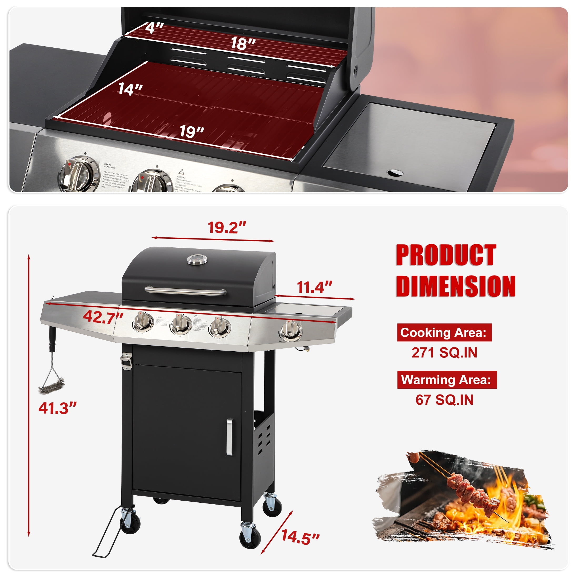 40000 BTU Gas Grill with Side Burner, Seizeen 3-Burner Stainless Steel Barbecue Grill for Outdoor BBQ, Camping and Outdoor Cooking Kitchen