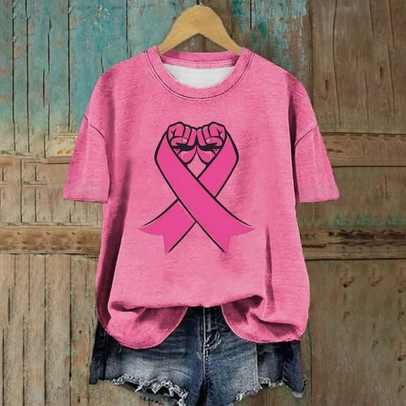 VKOYWKM Breast Cancer Shirts Women Breast Cancer Awareness Tshirt Pink Ribbon T-Shirts Inspirational Breast Cancer Crew Neck Short Sleeve Tee Tops