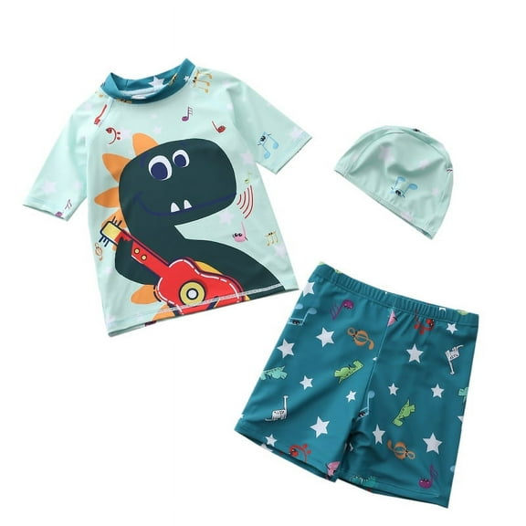 Childrens 3-piece Dinosaur Suit Boys Swimming Cap Short Pants Swimsuit Swimming Beach Suit Baby Bath Tub Set Baby Swimwear A1