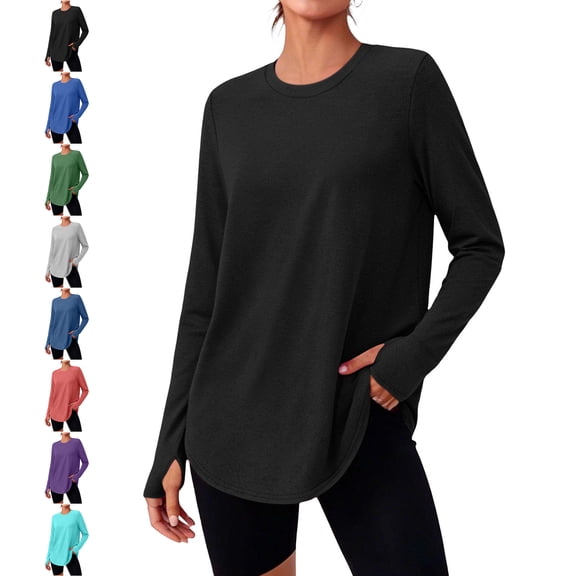 TGSLY Women's Long Sleeve Tunic Blouses Lightweight Crew Neck Solid Color Workout Tops Dressy Casual Curved Hem Athletic Shirts with Thumb Hole XXL